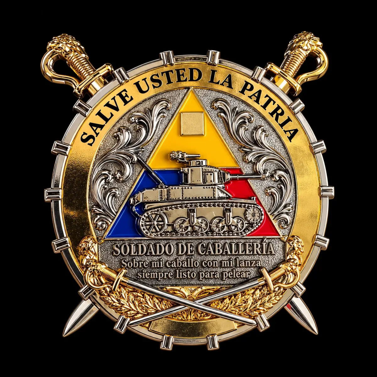 Moneda con sables cruzados, tanque en relieve sobre triángulo amarillo, azul y rojo, y la leyenda Salve usted la patria, Soldado de Caballería