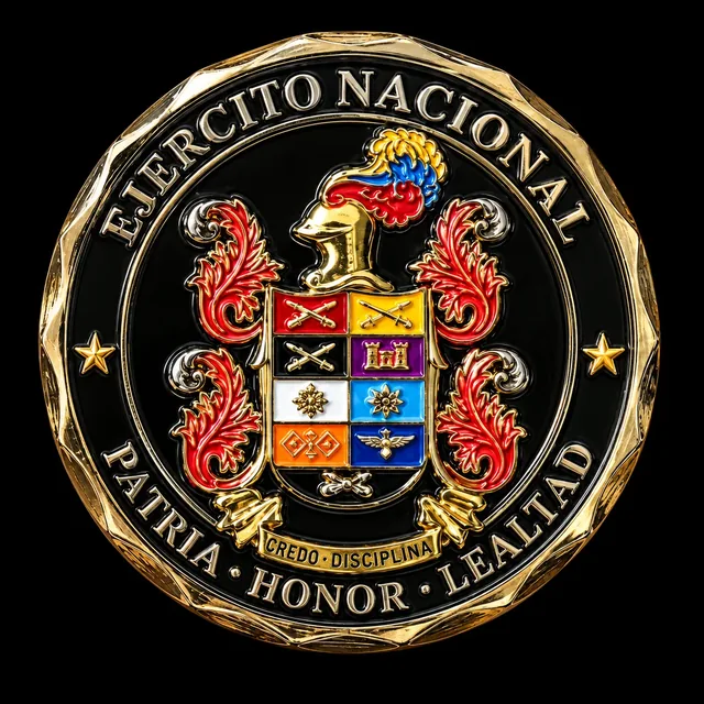 Moneda del Ejército Nacional con escudo heráldico esmaltado y la leyenda Patria, Honor, Lealtad