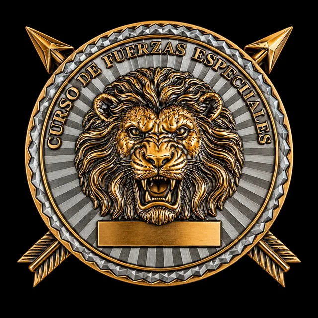 Medallón con cabeza de león en oro envejecido y flechas cruzadas, Curso de Fuerzas Especiales