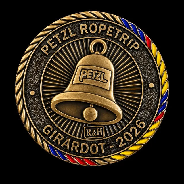 Moneda de bronce con una campana en relieve, borde tricolor y la leyenda Ropetrip Girardot 2026